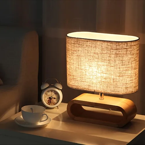 Miniatura 4 de Lámpara de escritorio LED con base de madera, lámpara de mesa, pantalla de tela, luces de mesa, lámpara de mesita de noche, luces de lectura