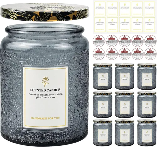 Paquete de 9 tarros de velas en relieve de 8.8 onzas para hacer velas, recipientes de vidrio vacíos con tapas de lata y etiqueta adhesiva, etiqueta