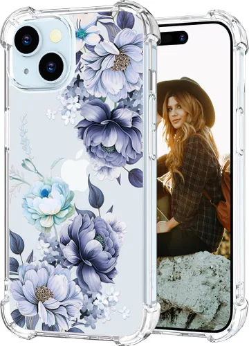 Miniatura 98 de Hungo Funda compatible con iPhone 15 Plus para mujer, diseño floral transparente, lindo, flor azul rosa Rosas Azules