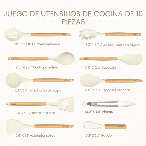 Miniatura 2 de CAROTE Juego de utensilios de cocina de silicona, juego de 10 utensilios de cocina para cocinar, juego de espátulas sin BPA con asas de madera