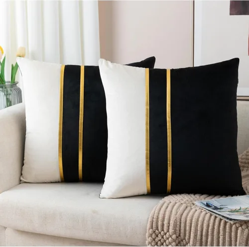 Miniatura 17 de ZLINA Juego de 2 fundas de almohada decorativas de terciopelo verde aguamarina y blanco con parches y cuero dorado de 16 × 16 pulgadas, fundas