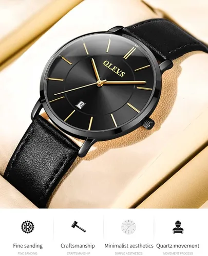 Miniatura 4 de OLEVS Brown Black Leahter Strap Quartz Analog Ultra Thin Minimalist Male Wrist Watches Waterproof Date Dial