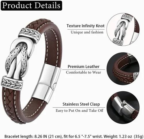 Miniatura 6 de Pulsera de cuero con nudo infinito para hombre, acero inoxidable, negromarrón, cuero genuino, trenzada, pulsera de joyería para hombres, padre