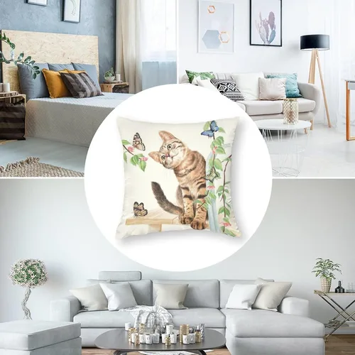 Miniatura 6 de Fundas de almohada con diseño de mariposa de gato de 20 x 20 pulgadas, bonito patrón de dibujos animados, fondo beige, para decoración del hogar