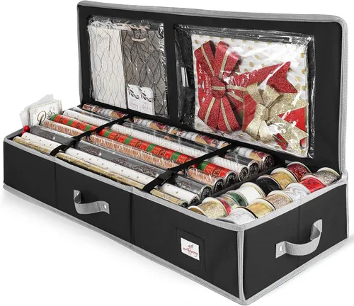 Hearth & Harbor Contenedor de Almacenamiento de Papel de Regalo - Bolsa de Almacenamiento de Navidad con Bolsillos Interiores - Organizador de
