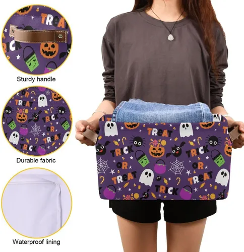 Miniatura 6 de Cesta de Almacenamiento Morada Happy Halloween Cestas de Tela para Cocina Calabaza Calavera Fantasma Murciélago Truco o Trato Contenedores Abiertos