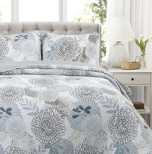 Cozy Line Home Fashions Nina Trista Flowers - Juego de ropa de cama reversible 100% algodón con cinta azul aguamarina, estampado floral gris, colcha
