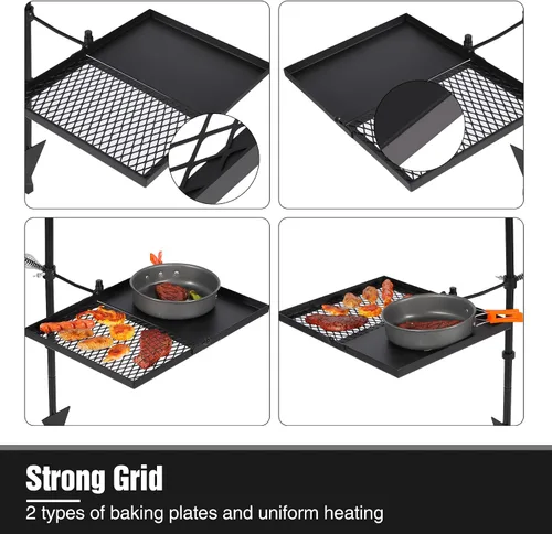 Miniatura 5 de REDCAMP Parrilla plegable giratoria para fogata, parrilla portátil para fogata sobre foso, rejilla de acero resistente y estante para fogata