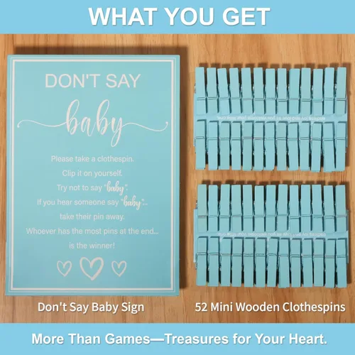 Miniatura 3 de Juegos de baby shower para niños, juego de Don't Say Baby Game, 1 letrero y 52 mini pines azules para ropa, juego de pinzas para ropa de baby shower
