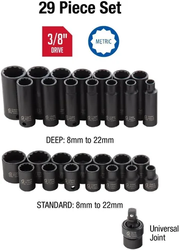 Miniatura 3 de SUNEX TOOLS 3330, Juego de llaves de impacto Drive Master de 3/8 de pulgada, 12 puntos, 29 piezas, métrico, 0.315 in-0.866 in, estándar/profundo