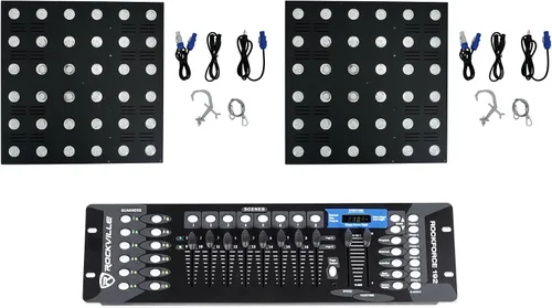 (2) Rockville Stage Matrix 36 RGB 6x6 Tricolor Matrix Blinder Light DJ/Stage/Band Bundle con controlador de iluminación ROCKFORCE 192 canales de