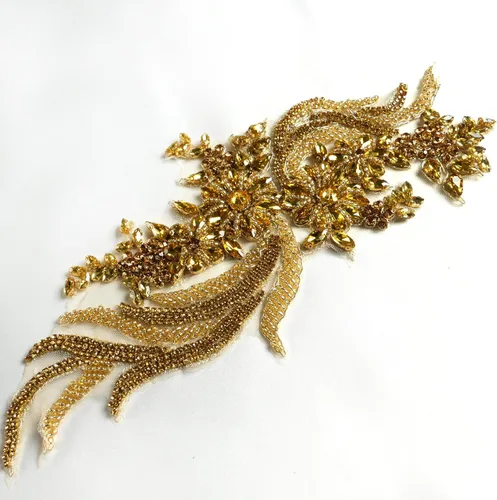 Miniatura 8 de 1 par de diamantes de imitación hechos a mano con apliques para ropa, 14.5 x 4.8 pulgadas, decoración de vestido de novia, apliques de flores Dorado