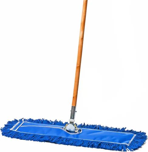 Trapeador de polvo comercial azul de 24 pulgadas y barredora de piso, con mango de madera para azulejos, madera dura y hormigón