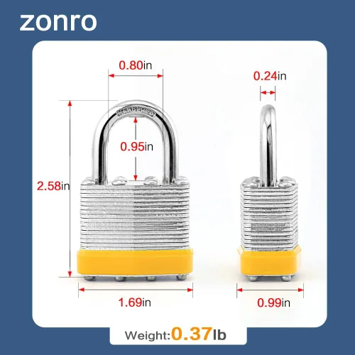 Miniatura 2 de ZonRo Candados con llave de acero laminado, cerraduras iguales con llave, 1-9/16 pulgadas de ancho, candados de grillete normal, paquete de 6, aro