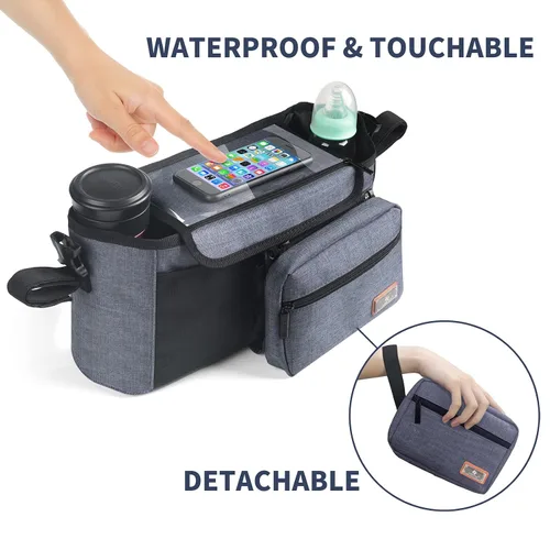 Miniatura 5 de Homlynn Organizador universal para cochecito, bolsa de almacenamiento grande con portavasos y correas de hombro y bolsillo desmontable, carrito