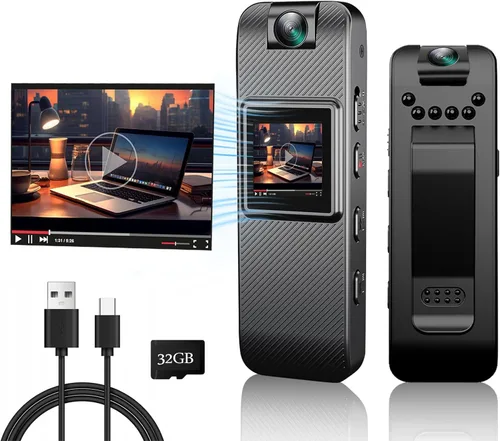 Mini cámara corporal HD 1080P grabadora de video portátil, pequeña cámara de seguridad con tarjeta SD de 32 GB, visión nocturna, pantalla de 1.3