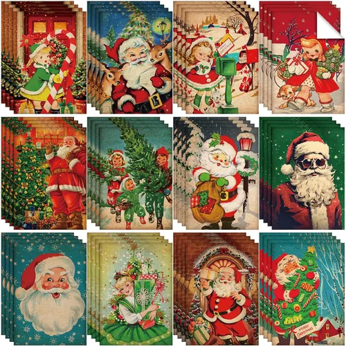 PerKoop 48 hojas de papel de decoupage vintage navideño de 8.3 x 11.7 pulgadas, 12 estilos de papel de Papá Noel navideño, servilleta de papel de