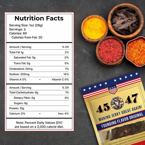 Miniatura 2 de Carne seca 45-47 – Carne seca premium hecha en Estados Unidos, 0.35 onzas de proteína por porción, baja en grasa, sin gluten, aperitivo audaz
