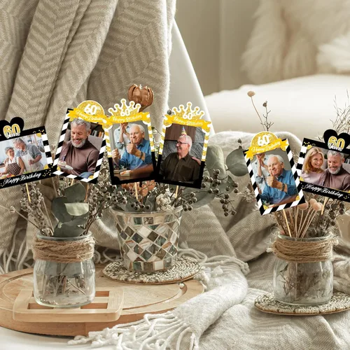 Miniatura 6 de 15 soportes de exhibición de fotos de cumpleaños número 100 – Decoración de mesa con letras negras y doradas – Suministros para fiesta de cumpleaños