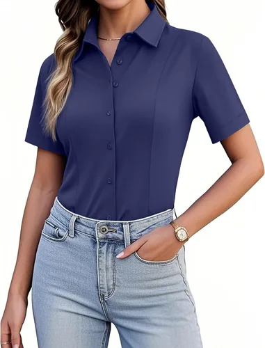Miniatura 21 de Siliteelon Camisetas de Botón para Mujer, Ajustadas, de Manga Corta, Elásticas, Camisa de Vestir, Sin Arrugas, Sólida, Blusa de Trabajo