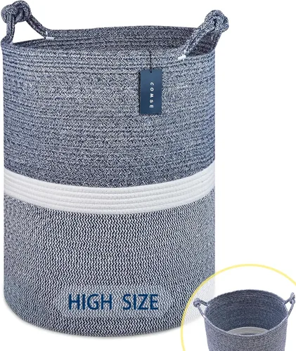 Miniatura 10 de COMSE Cesta de Manta Extra Grande, Cesta de Almacenamiento Tejida Alta, Cesta de Guardería, 15.7"x 21.7", Cesta de Lavandería de Cuerda de Algodón