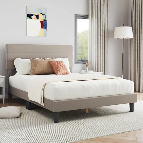 Miniatura 3 de Novilla Base de cama tamaño Queen, base de cama tamaño Queen con soporte de listones de madera, cabecera con rayas tapizada en lino, no necesita