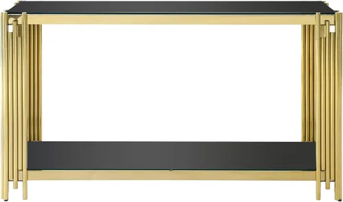 Miniatura 3 de Mesa consola moderna de cristal, mesa de sofá dorada de 55 pulgadas con marco de metal resistente y parte superior de vidrio templado negro