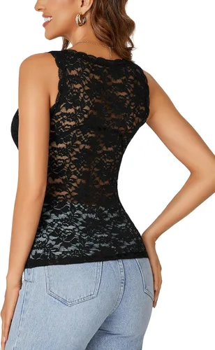 Miniatura 5 de Rooscier - Blusa sin mangas para mujer, con encaje floral, cuello en V, con volantes, transparente, sin sujetador