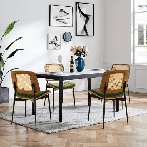 Miniatura 11 de LUNLING Sillas de comedor modernas de mediados de siglo, silla retro beige de piel sintética con asiento tapizado de madera curvada de nogal, patas
