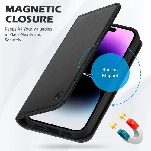 Miniatura 7 de SHIELDON Funda para iPhone 14 Pro Max 5G de 6.7 pulgadas, funda de cuero genuino tipo cartera con tapa con bloqueo RFID, ranuras para tarjetas, Negro