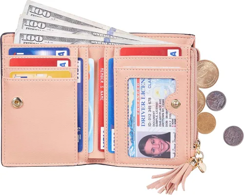 Miniatura 5 de Gostwo Mini cartera pequeña plegable para mujer con borla y bolsillo con cremallera para monedas, Rosa Con Llavero, Moda