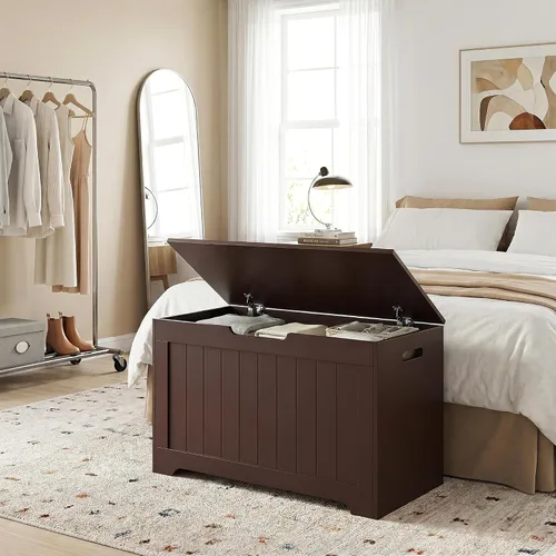 Miniatura 5 de Baúl de almacenamiento de madera con tapa abatible y bisagra de seguridad, organizador de sala de estar, banco de entrada con área de almacenamiento