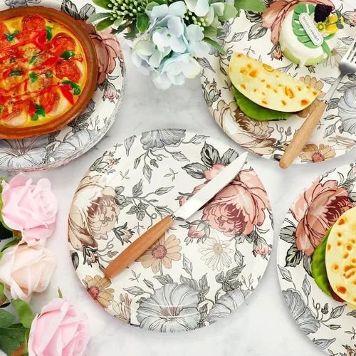 Miniatura 5 de Uiifan 36 platos de papel florales desechables vintage de 9 pulgadas, platos de postre de flores de primavera para jardín, fiesta de té, boda