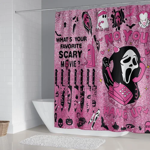 Miniatura 5 de Juego de 4 cortinas de ducha de Halloween, juego de cortina de ducha gótica rosa aterradora para decoración de baño de Halloween, con antideslizante