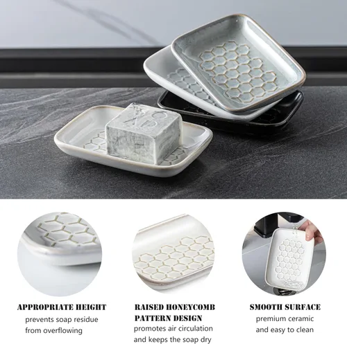 Miniatura 4 de Gomakren Jabonera para ducha, soporte de cerámica para jabón con diseño de panal, bandeja ahorradora de jabón para fregadero de cocina y baño, Beige