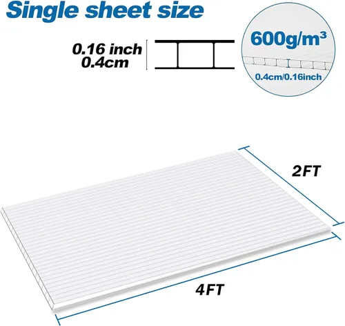 Miniatura 6 de Paneles de policarbonato para invernadero, paquete de 14 hojas de pared doble de 4mm, 4 pies (ancho) x 2 pies (largo) x 0.16 pulgadas - resistentes