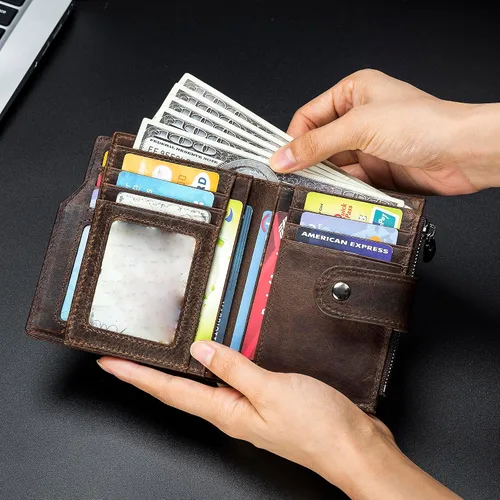 Miniatura 27 de LUKZIJAES Billetera de cuero genuino para hombre, con bloqueo RFID, delgada, plegable, bolsillo frontal, #3-Café, Vintage