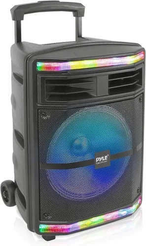 Pyle - Sistema de altavoces PA portátil con Bluetooth - Sistema de altavoces PA portátil de 600W con Bluetooth, batería recargable, luces de fiesta,
