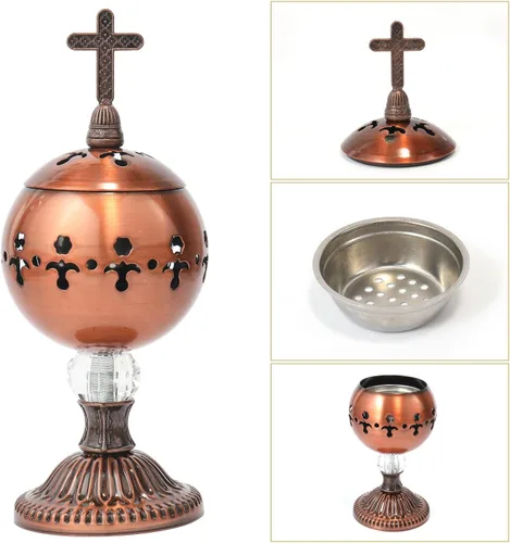 Miniatura 5 de Nazareth Store Quemador de incienso de latón pulido con carbón, soporte para incienso de iglesia cristiana, conos de incienso, cruz de 7.9 pulgadas