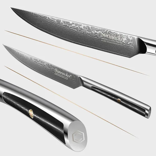 Miniatura 3 de Sunnecko Cuchillo para Carne de Cocina de 5 Pulgadas, Cuchillo para Carne de Damasco VG-10, Acero Japonés, Cuchillos de Carne No Dentados de Espiga