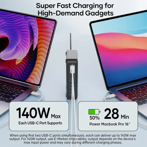 Miniatura 2 de Bloque de Cargador USB C de 10 Puertos, Estación de Carga USB de 450W para Múltiples Dispositivos, 5 Tipo C + 5 USB A Concentrador de Carga GaN PD