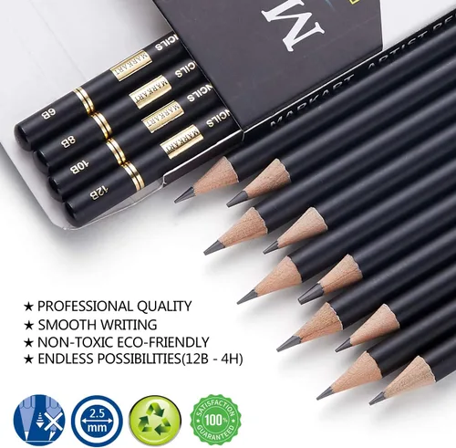 Miniatura 3 de MARKART Juego de lápices de dibujo profesional – 14 lápices de grafito de dibujo artístico (12B - 4H), ideal para dibujar arte, dibujar, sombrear