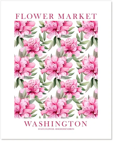 ColorAndFlair Washington State Flower Market Rhododendron Poster Pink Green Wildflower Floral Wall Art Botanical Print Travel Gift (8x10 inches)