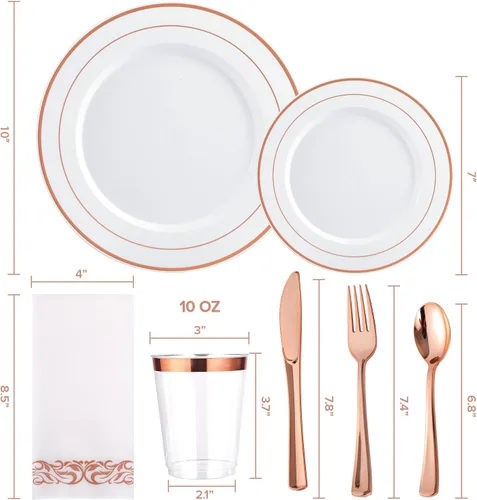 Miniatura 2 de FOCUSLINE Juego de vajilla desechable de 350 piezas para 50 invitados - Platos de plástico resistente con borde de oro rosa, incluye 50 platos