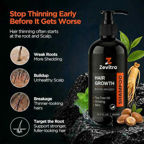 Miniatura 2 de Champú para el crecimiento del cabello, 10.1 onzas líquidas, champú para el cabello de biotina con aceite de árbol de té, ginseng y menta