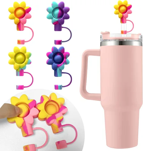 4 piezas de cubiertas de pajita con flores de silicona para accesorios Stanley para tazas Stanley de 30 y 40 oz con asa, tapas de pajita