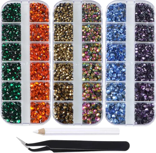 Miniatura 24 de Massive Beads Más de 9500 diamantes de imitación termoadhesivos redondos de vidrio con parte trasera plana para hacer tú mismo con 1 pinza y 1 12