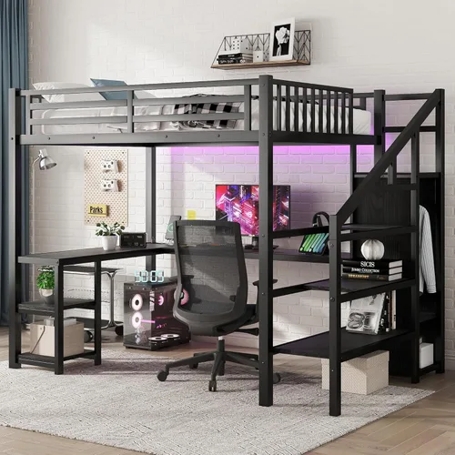 Miniatura 12 de Base de cama Queen Loft con escaleras y almacenamiento, marco de cama de metal resistente, capacidad de 800 libras, para adultos y adolescentes