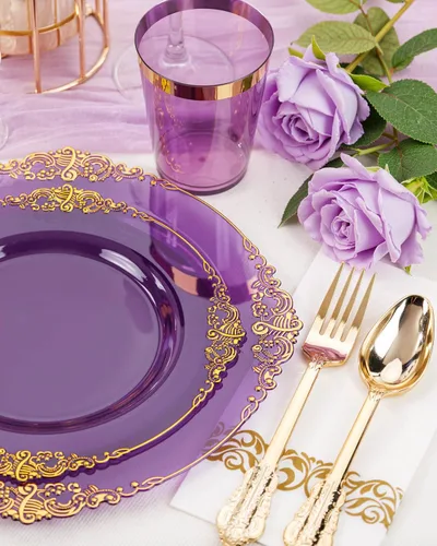 Miniatura 2 de Nervure Juego de 175 platos de plástico morado transparente, juego de platos de fiesta morados para 25 invitados, incluye 25 platos de cena, 25