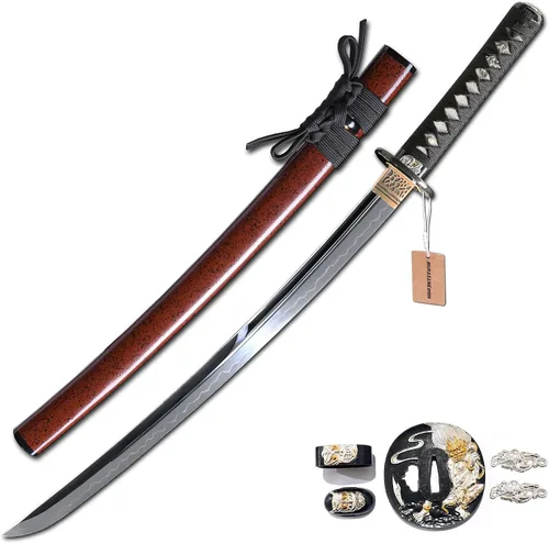 Miniatura 8 de MURASAME Wakizashi Sword T10 - Arcilla de acero templada real Hamon Full Tang muy afilada